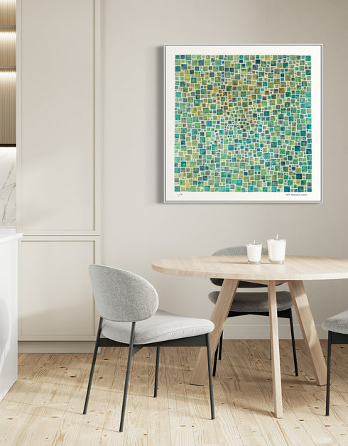 Green Squares is a Limited Edition Print by Seth B. Minkin, with a contemporary grid of varied green squares, showcasing a modern and sophisticated design.