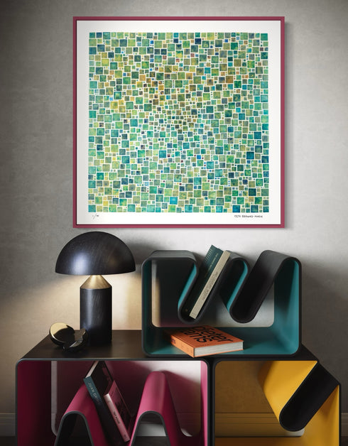Green Squares is a Limited Edition Print by Seth B. Minkin, with a contemporary grid of varied green squares, showcasing a modern and sophisticated design.