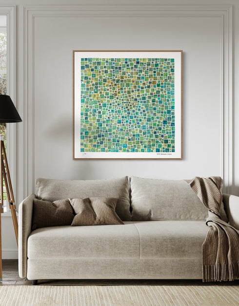 Green Squares is a Limited Edition Print by Seth B. Minkin, with a contemporary grid of varied green squares, showcasing a modern and sophisticated design.