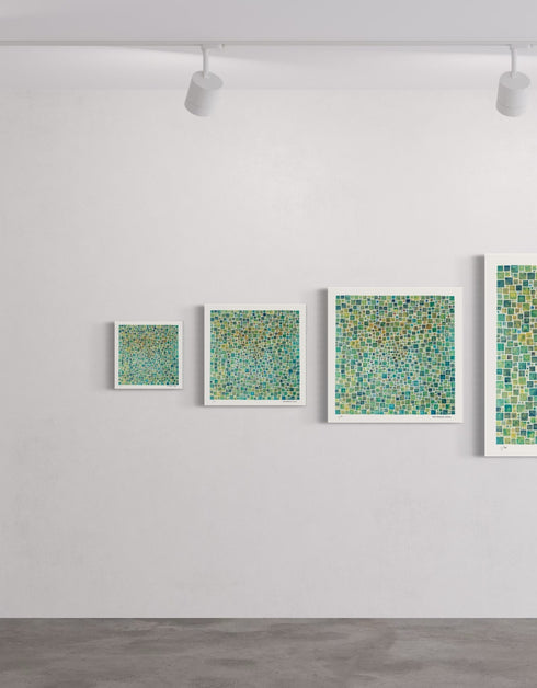 Green Squares is a Limited Edition Print by Seth B. Minkin, with a contemporary grid of varied green squares, showcasing a modern and sophisticated design.