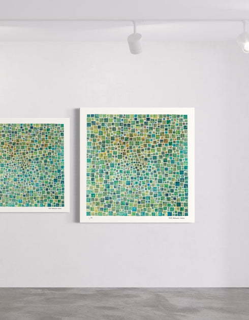 Green Squares is a Limited Edition Print by Seth B. Minkin, with a contemporary grid of varied green squares, showcasing a modern and sophisticated design.