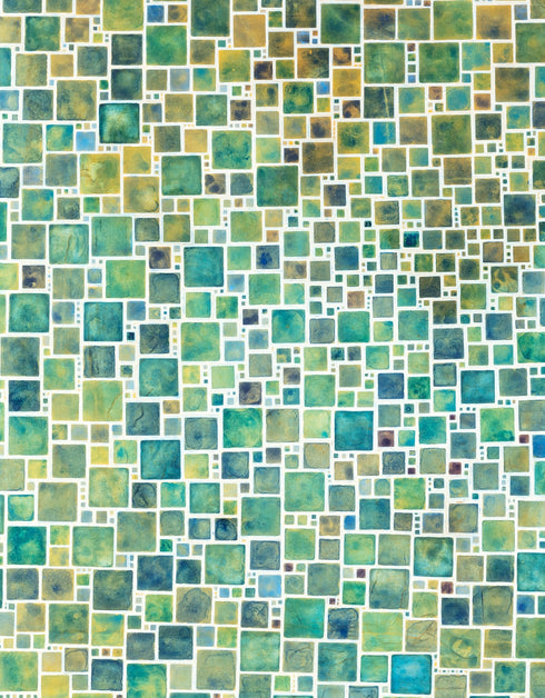 Compact painting with earth tones featuring abstract green squares, evoking a sense of discovery and celebration.