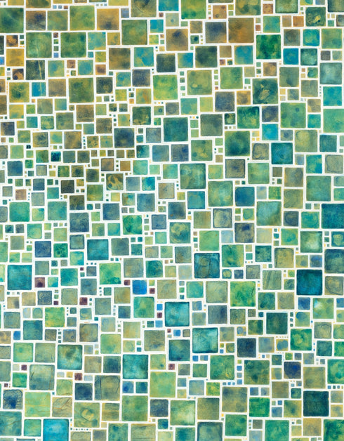 Compact painting with earth tones featuring abstract green squares, evoking a sense of discovery and celebration.