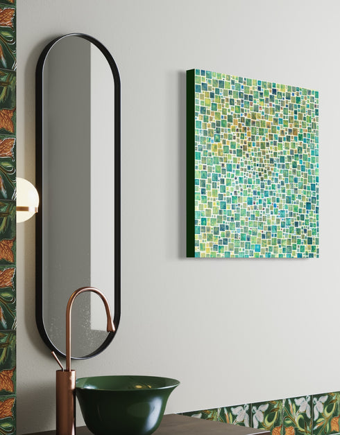Compact painting with earth tones featuring abstract green squares, evoking a sense of discovery and celebration.