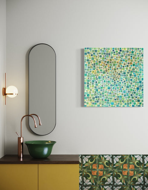 Compact painting with earth tones featuring abstract green squares, evoking a sense of discovery and celebration.
