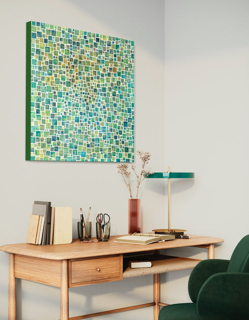 Compact painting with earth tones featuring abstract green squares, evoking a sense of discovery and celebration.