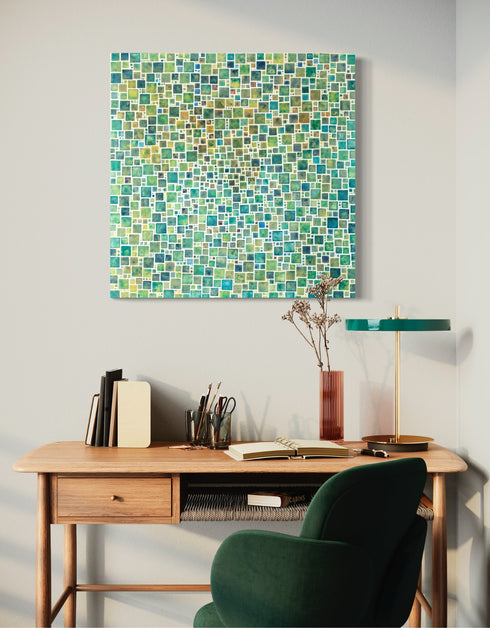 Compact painting with earth tones featuring abstract green squares, evoking a sense of discovery and celebration.