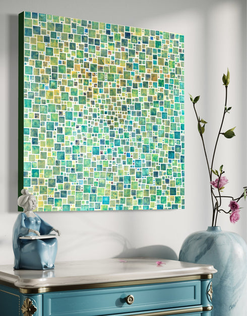 Compact painting with earth tones featuring abstract green squares, evoking a sense of discovery and celebration.