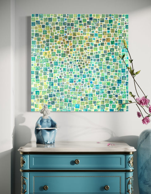 Compact painting with earth tones featuring abstract green squares, evoking a sense of discovery and celebration.
