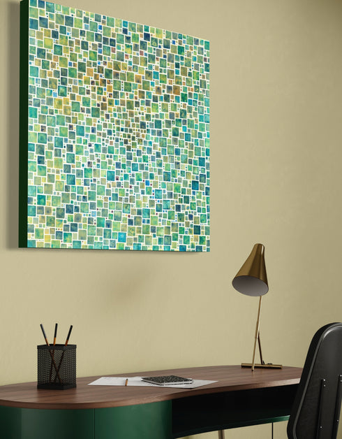Compact painting with earth tones featuring abstract green squares, evoking a sense of discovery and celebration.