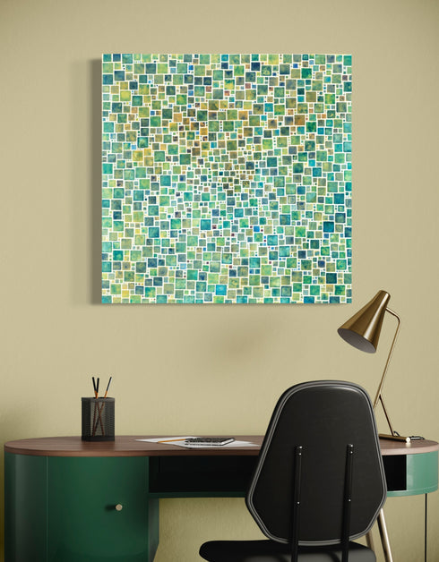 Compact painting with earth tones featuring abstract green squares, evoking a sense of discovery and celebration.