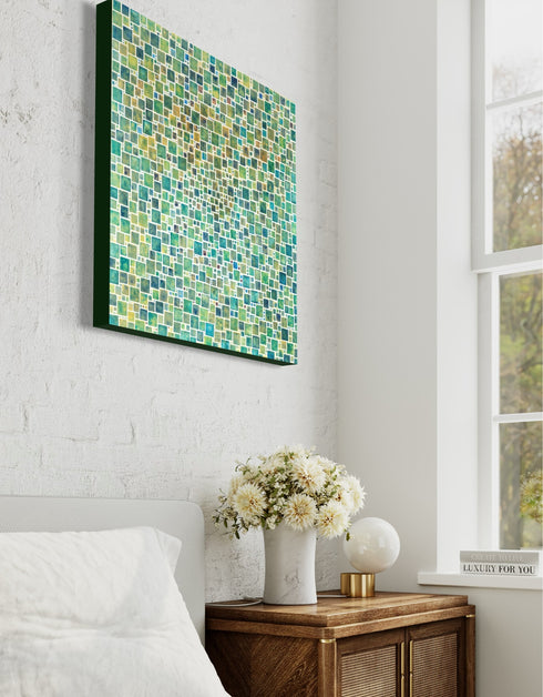 Compact painting with earth tones featuring abstract green squares, evoking a sense of discovery and celebration.