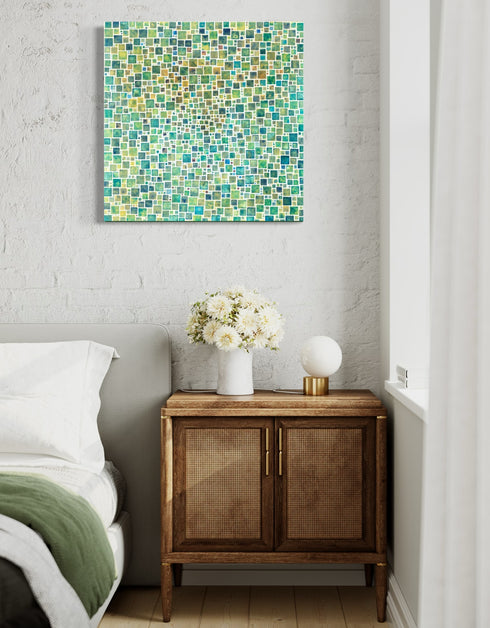 Compact painting with earth tones featuring abstract green squares, evoking a sense of discovery and celebration.