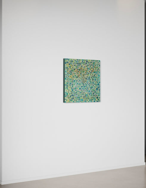 Compact painting with earth tones featuring abstract green squares, evoking a sense of discovery and celebration.
