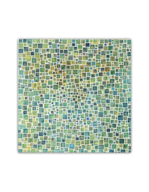 Compact painting with earth tones featuring abstract green squares, evoking a sense of discovery and celebration.