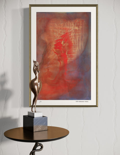 Hearts on Fire is a Limited Edition Print by Seth B. Minkin, with bold reds and fiery oranges, reflecting dynamic and emotive heart shapes.