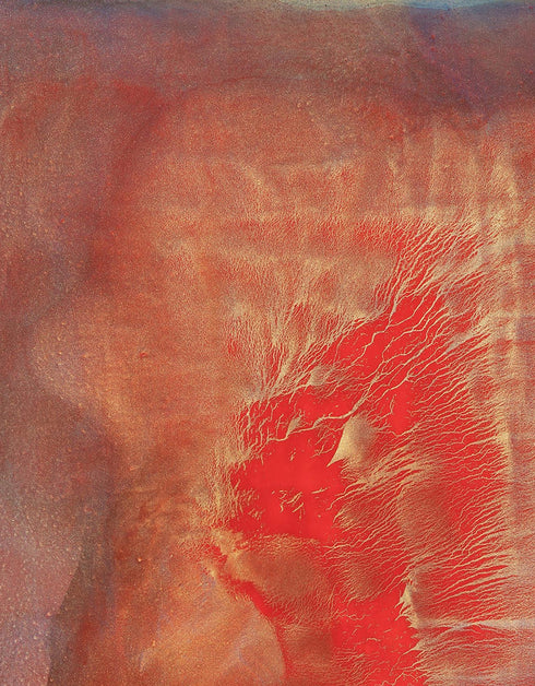 Abstract painting with two hearts in gold and red, symbolizing love's transformative power and intense romance.