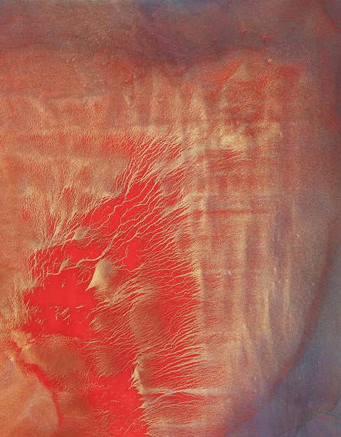 Abstract painting with two hearts in gold and red, symbolizing love's transformative power and intense romance.