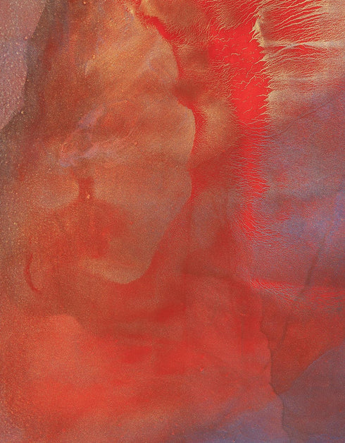 Abstract painting with two hearts in gold and red, symbolizing love's transformative power and intense romance.