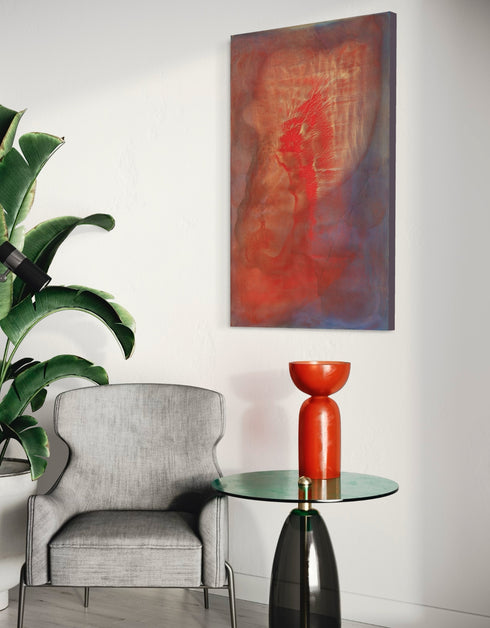 Abstract painting with two hearts in gold and red, symbolizing love's transformative power and intense romance.