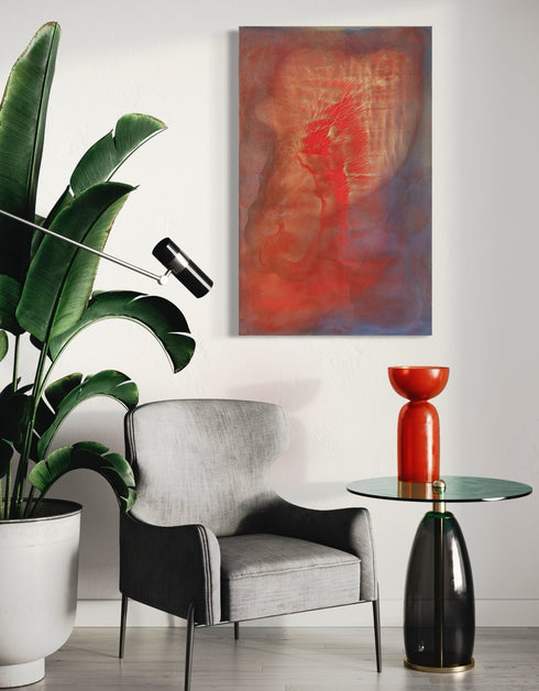 Abstract painting with two hearts in gold and red, symbolizing love's transformative power and intense romance.