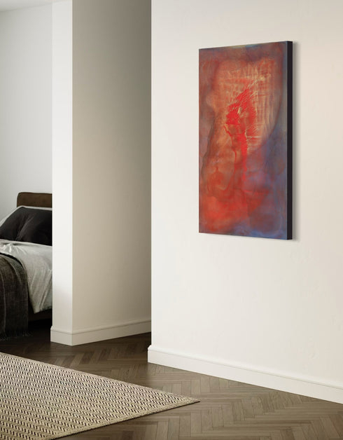 Abstract painting with two hearts in gold and red, symbolizing love's transformative power and intense romance.