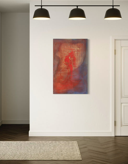 Abstract painting with two hearts in gold and red, symbolizing love's transformative power and intense romance.