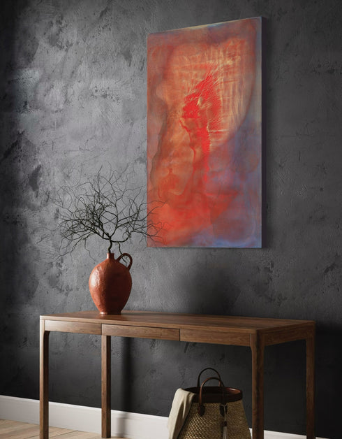 Abstract painting with two hearts in gold and red, symbolizing love's transformative power and intense romance.
