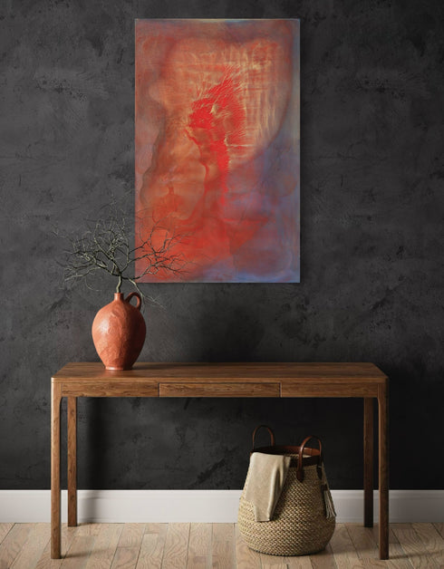 Abstract painting with two hearts in gold and red, symbolizing love's transformative power and intense romance.