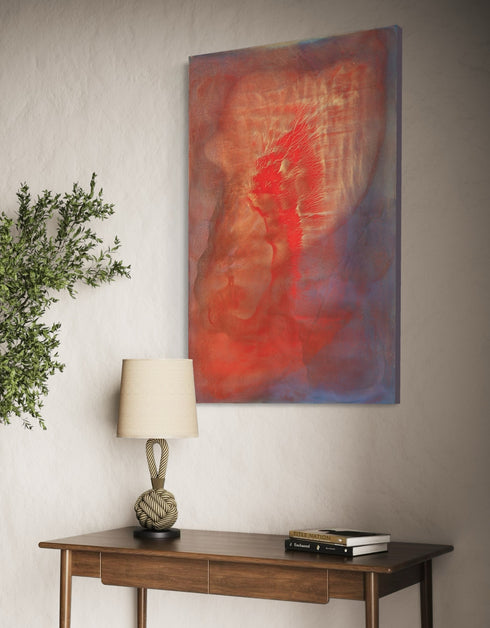 Abstract painting with two hearts in gold and red, symbolizing love's transformative power and intense romance.