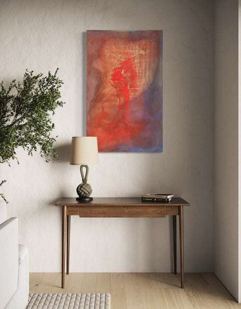 Abstract painting with two hearts in gold and red, symbolizing love's transformative power and intense romance.