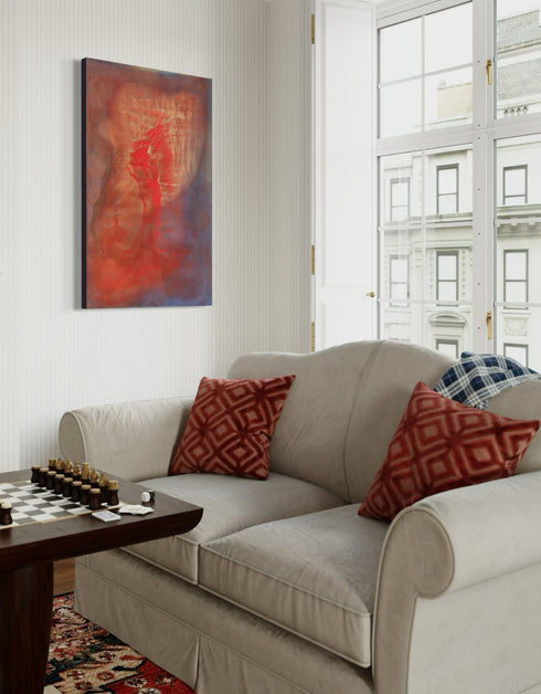 Abstract painting with two hearts in gold and red, symbolizing love's transformative power and intense romance.