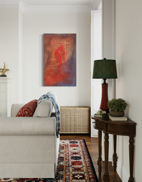 Abstract painting with two hearts in gold and red, symbolizing love's transformative power and intense romance.