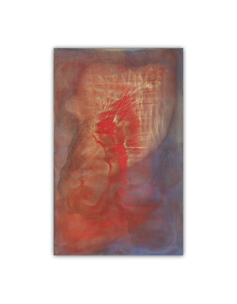 Abstract painting with two hearts in gold and red, symbolizing love's transformative power and intense romance.
