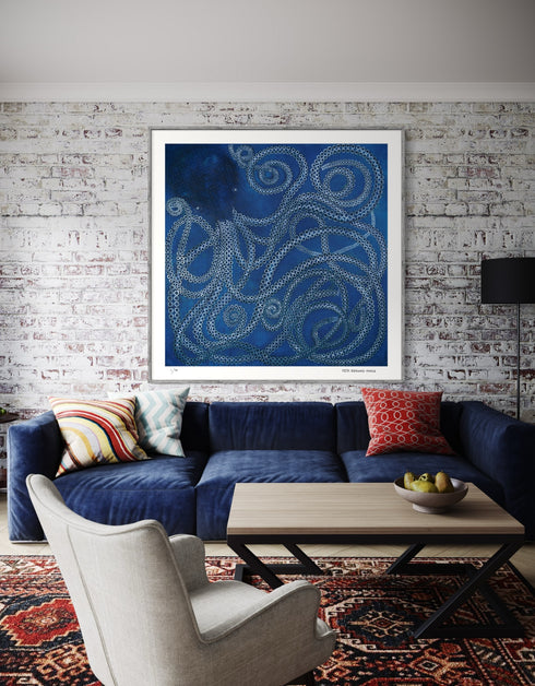 Kraken is a Limited Edition Print by Seth B. Minkin, with ethereal ocean blues and dynamic tentacles, inviting personal interpretation.