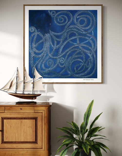 Kraken is a Limited Edition Print by Seth B. Minkin, with ethereal ocean blues and dynamic tentacles, inviting personal interpretation.