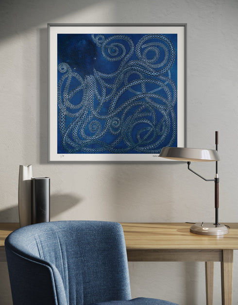 Kraken is a Limited Edition Print by Seth B. Minkin, with ethereal ocean blues and dynamic tentacles, inviting personal interpretation.
