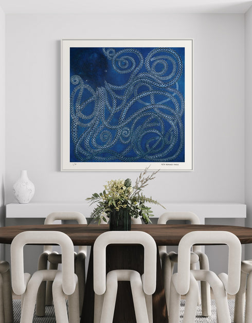 Kraken is a Limited Edition Print by Seth B. Minkin, with ethereal ocean blues and dynamic tentacles, inviting personal interpretation.