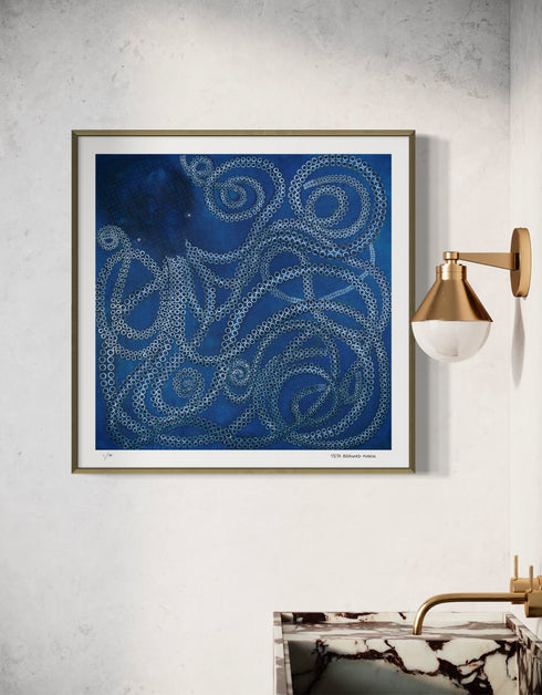 Kraken is a Limited Edition Print by Seth B. Minkin, with ethereal ocean blues and dynamic tentacles, inviting personal interpretation.