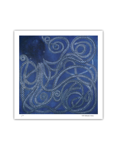 Kraken is a Limited Edition Print by Seth B. Minkin, with ethereal ocean blues and dynamic tentacles, inviting personal interpretation.