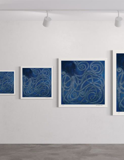 Kraken is a Limited Edition Print by Seth B. Minkin, with ethereal ocean blues and dynamic tentacles, inviting personal interpretation.