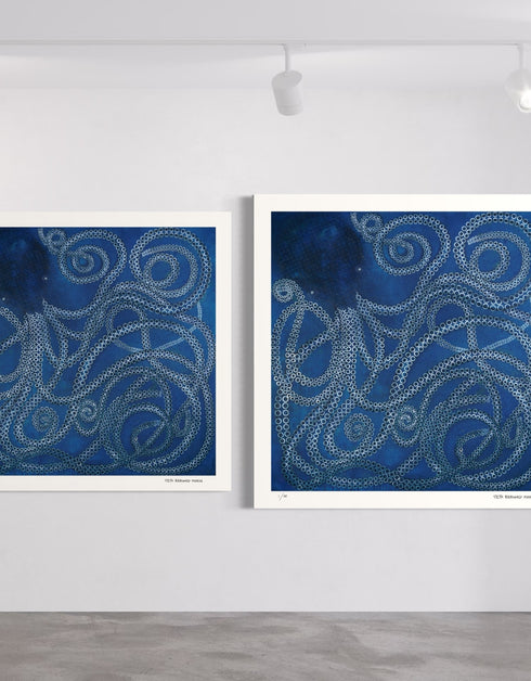Kraken is a Limited Edition Print by Seth B. Minkin, with ethereal ocean blues and dynamic tentacles, inviting personal interpretation.