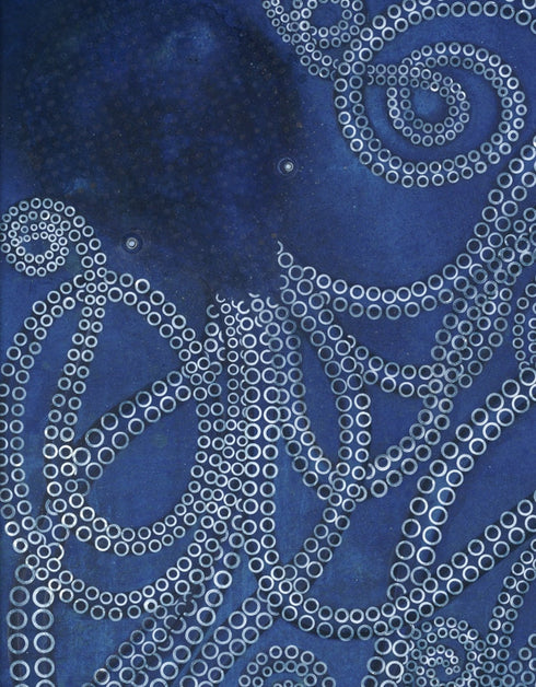 Ocean-inspired painting with ethereal blues and white tentacle suckers, capturing dynamic movement and meditative joy.