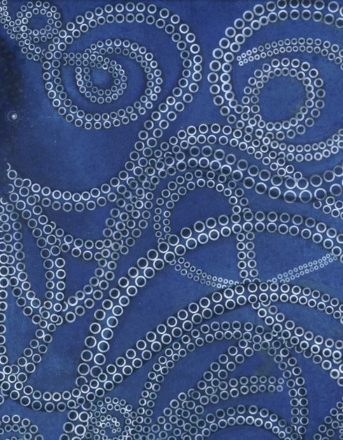 Ocean-inspired painting with ethereal blues and white tentacle suckers, capturing dynamic movement and meditative joy.