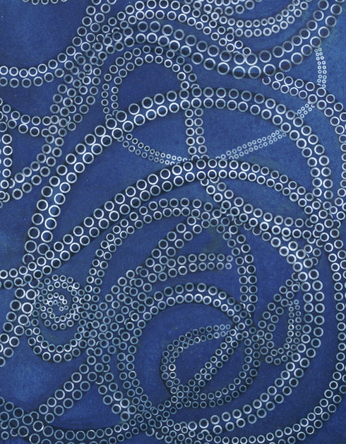 Ocean-inspired painting with ethereal blues and white tentacle suckers, capturing dynamic movement and meditative joy.