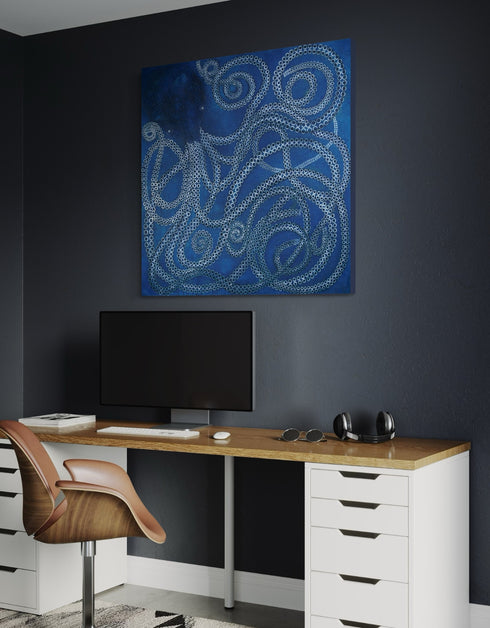 Ocean-inspired painting with ethereal blues and white tentacle suckers, capturing dynamic movement and meditative joy.