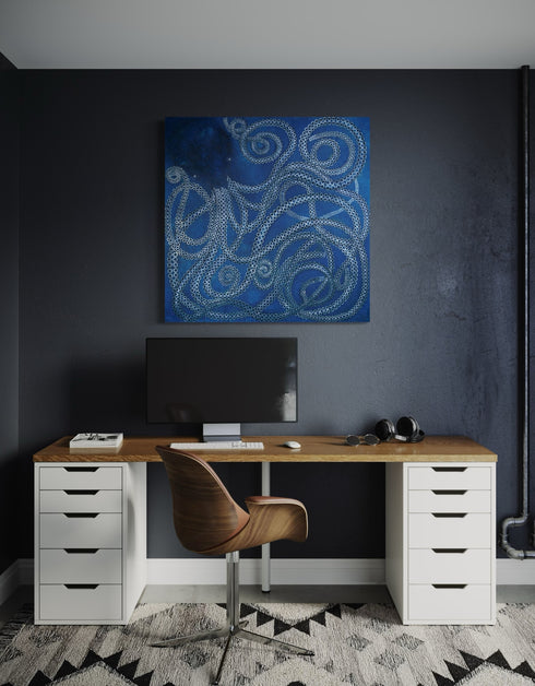 Ocean-inspired painting with ethereal blues and white tentacle suckers, capturing dynamic movement and meditative joy.