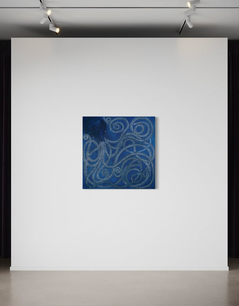 Ocean-inspired painting with ethereal blues and white tentacle suckers, capturing dynamic movement and meditative joy.