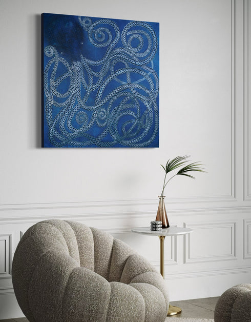 Ocean-inspired painting with ethereal blues and white tentacle suckers, capturing dynamic movement and meditative joy.