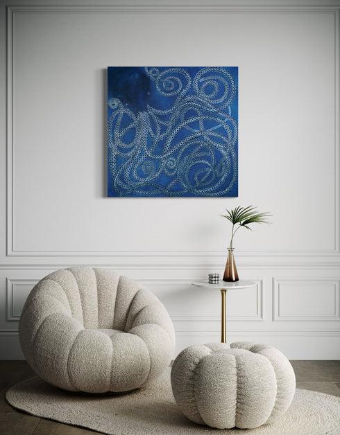 Ocean-inspired painting with ethereal blues and white tentacle suckers, capturing dynamic movement and meditative joy.